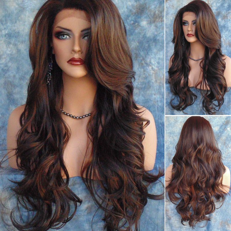 brown long curly hair wig