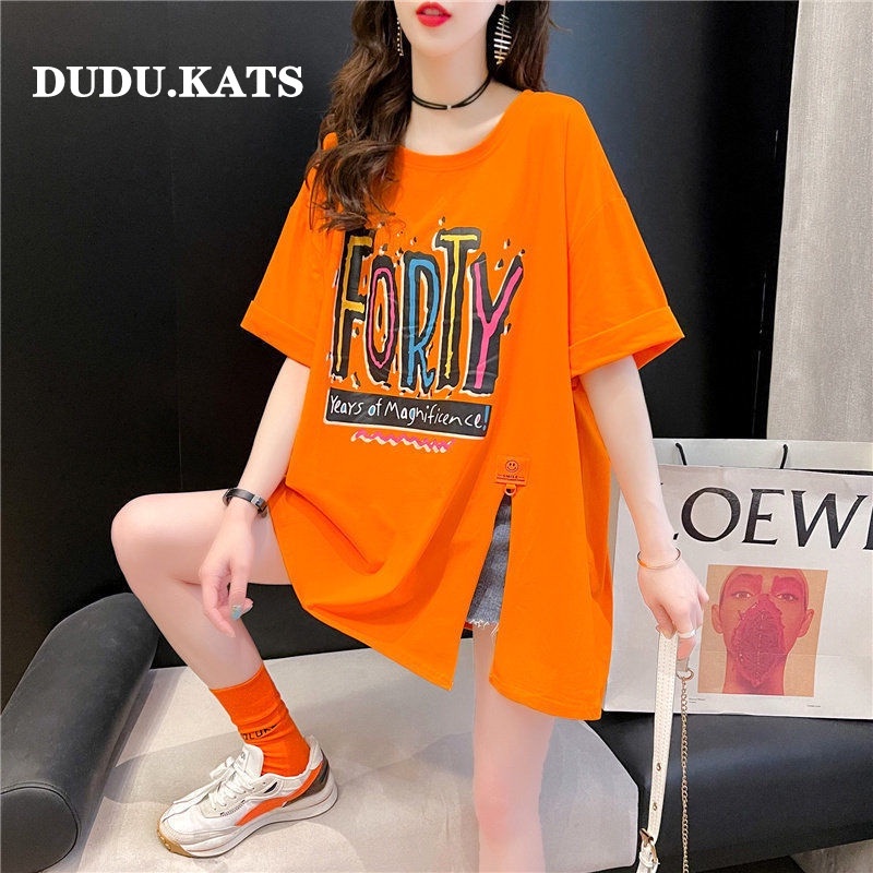 Fashionable Split Printed Short Sleeved T Shirt Women Summer Hot Loose Half Sleeve T Shirt Shopee Philippines