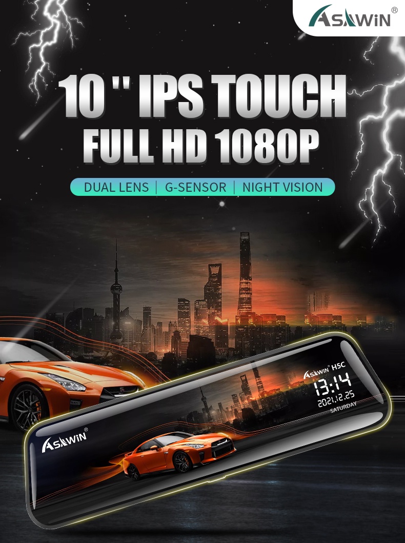 Asawin 24 Hours Night Vision Full Screen Dual Lens Rearview Mirror Dash ...