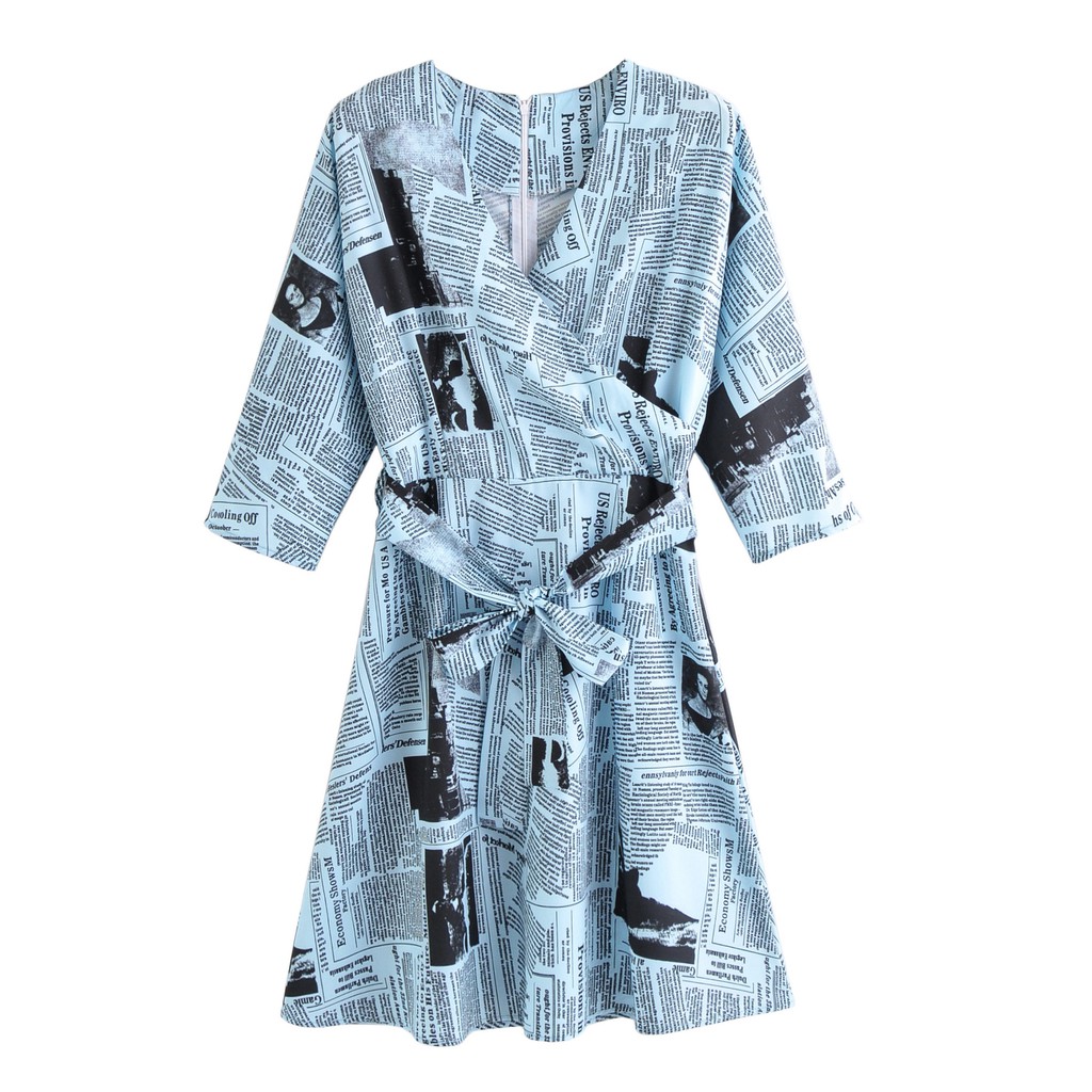 V Neck Newspaper Printing Wrap Dress 744 Shopee Philippines