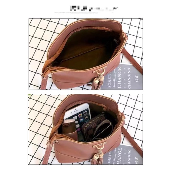 TT BAGS #092 SMALL PU LEATHER  KOREAN FASHION 2IN1 SHOULDER BAG WITH TASSEL FOR WOMEN - Image 2