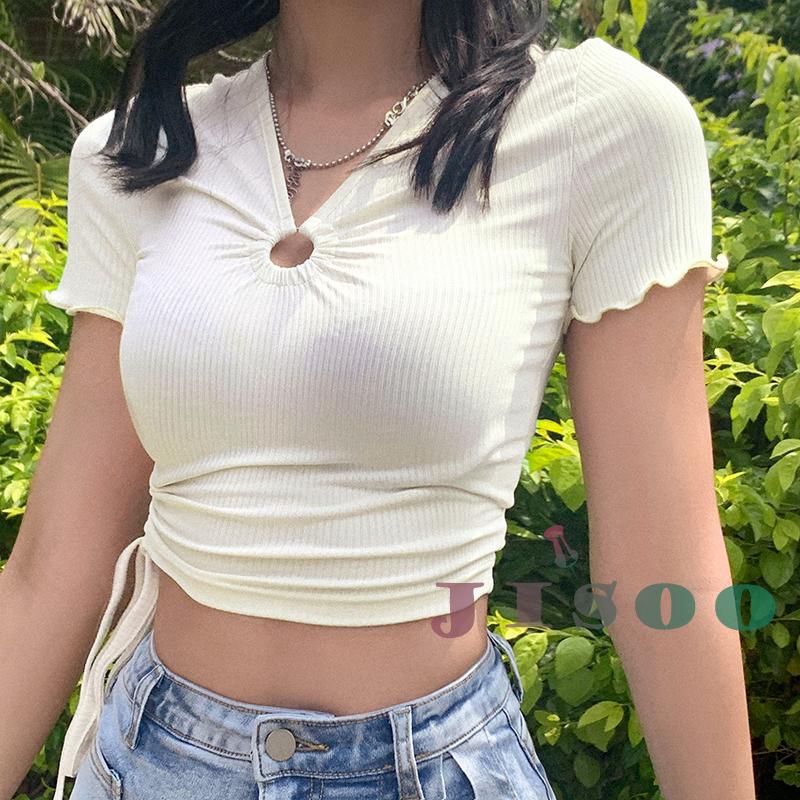 I Iwomen Summer T Shirt V Neck One Side Ruched Pull Tie Solid Color Tee Tops Pullover Shopee Philippines