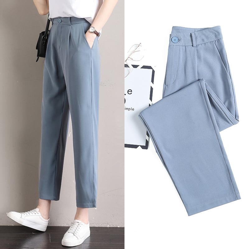 Korean Fashion High Waist Button Thick Crepe Trousers Office Casual