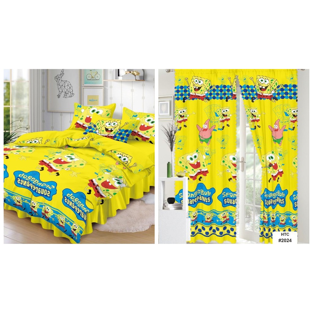 Cod 5in1 Bed Sheet Set Spongebob Design Queen Size 1x Bed Sheet 2x Pillow Case 2x Curtains Shopee Philippines