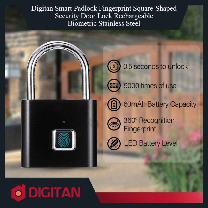 Digitan Fingerprint Padlock Black IP65 Waterproof Security Rechargeable Stainless Steel