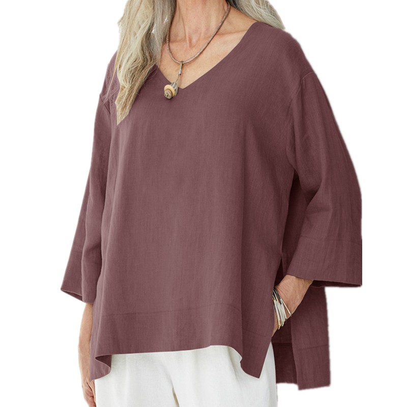 ZANZEA Women V-Neck 3/4 Sleeve Casual Loose Oversize Blouse | Shopee ...