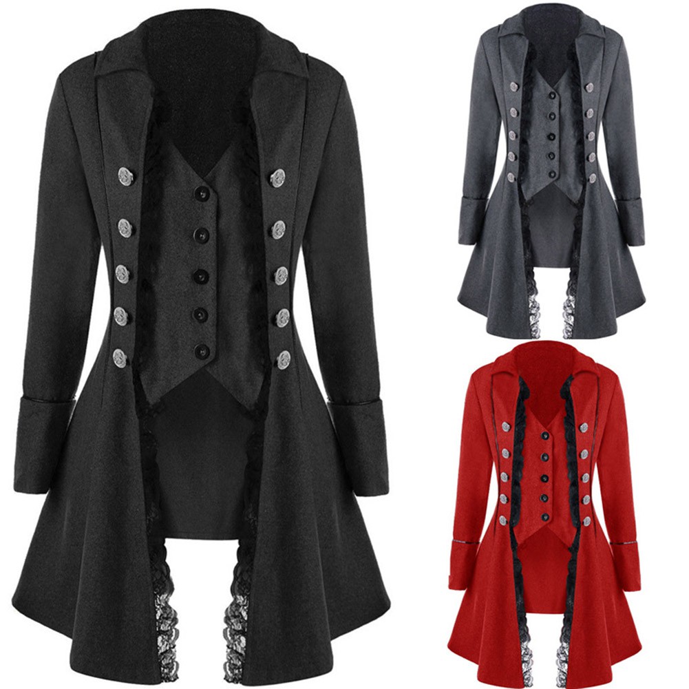 ♥YAR♥Women Retro Lace Long Sleeve Button Tailcoat Party Costume ...