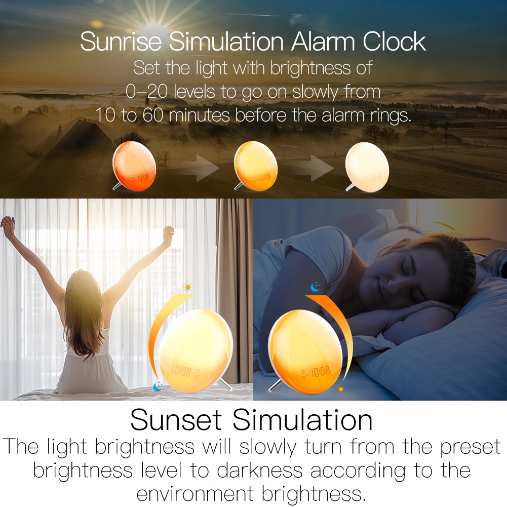 MOES WiFi Wake Up Smart Light Alarm Clock with 7 Colors Sunrise Sunset Simulation Tuya APP Control Works with Alexa Google Home