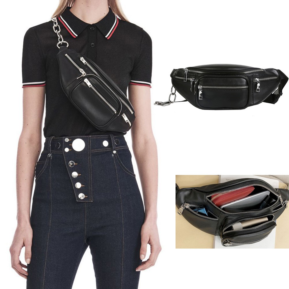 black leather fanny pack with chain