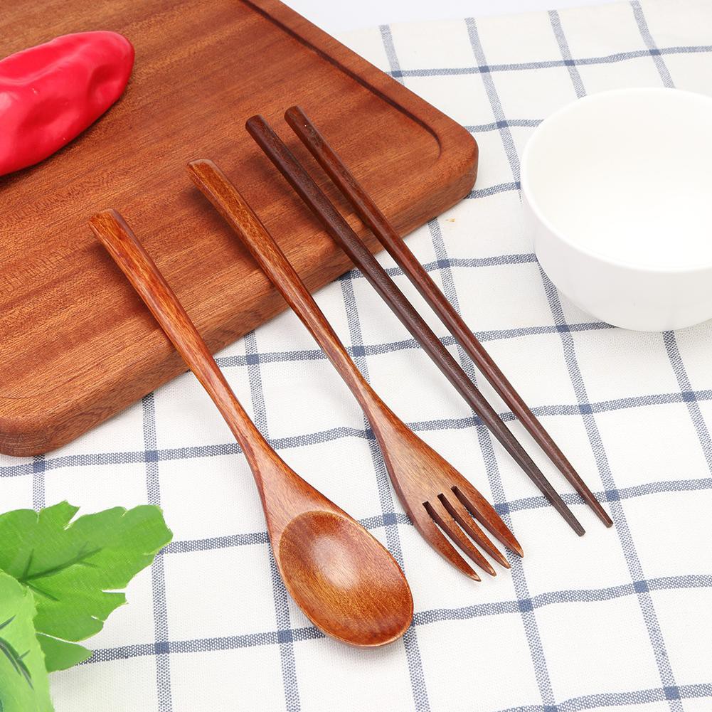 Japanese Portable Natural Wood Chopstick Fork Spoon Tableware Travel ...