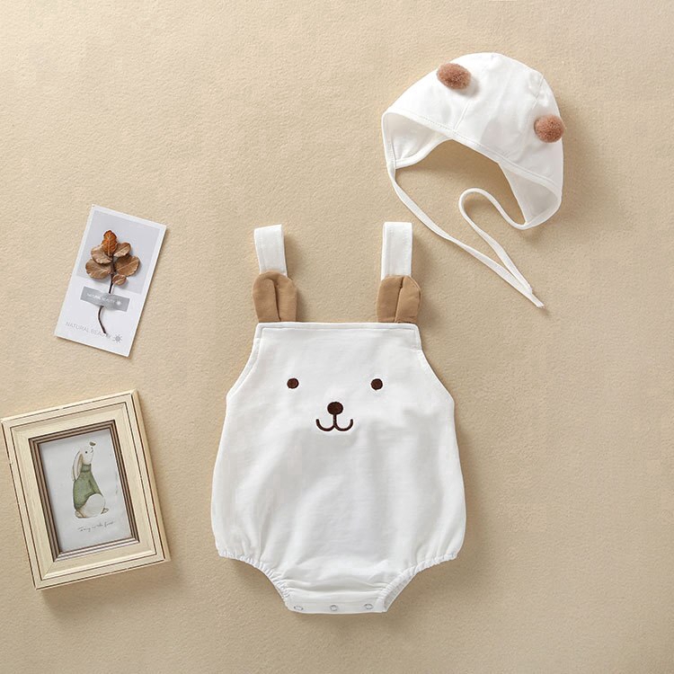 READY STOCK⭐ NEW Baby Girls Clothes Summer Sunsuit 3D Bear Color Block Cotton Print Rompers+Hat Set Infant Outfit Girls Jumpsuit Clothes