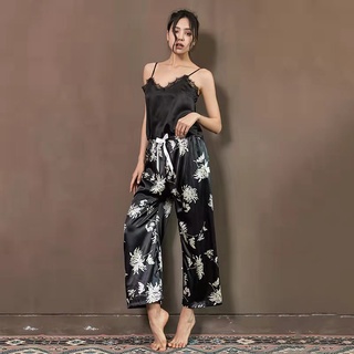 Y&L Fashion High Quality Silk Satin Black Color Condole Belt Vest With Printed Pajamas Home Wear Set