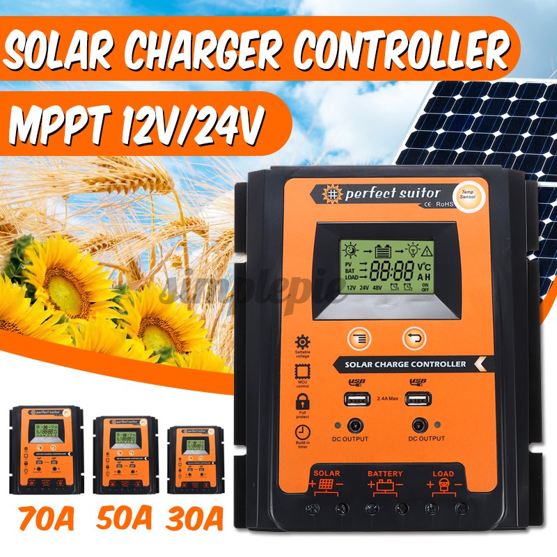 12/24V 30/50/70A MPPT Solar Charge Controller Panel Battery Regulator Dual USB 