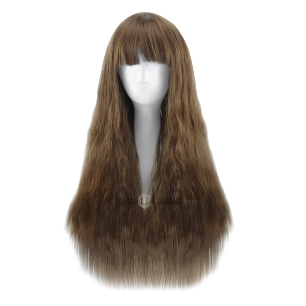 Full Bangs Long Heat Resistant Natural Half Curly Hair Wig