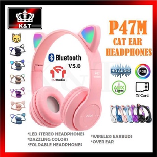 P47M Bluetooth Headphones with cat ears Headset cat Headphone blueooth With Microphone LED Light