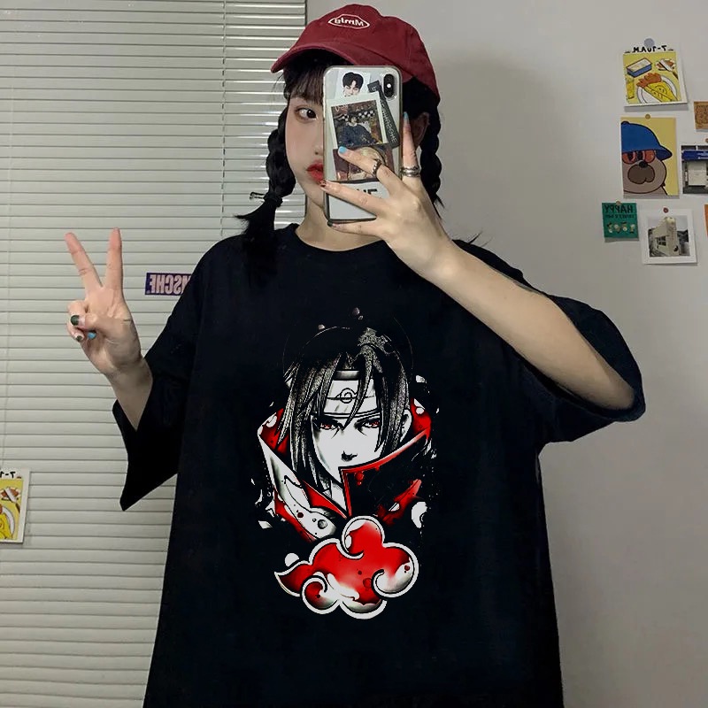 2022Anime Shirt Japanese Anime Naruto Sasuke Lose Oversized Top Dark O-Neck Casual cotton branded
