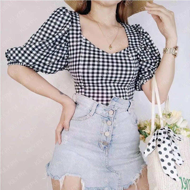 Kily.PH Gingham Puff Sleeve Crop Top Oversized Square Neck Tops 6A0110 ...
