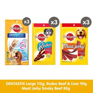 Pedigree Dentastix Large + Rodeo Beef & Liver + Meat Jerky Smoky Beef Dog Treats Pack of 9