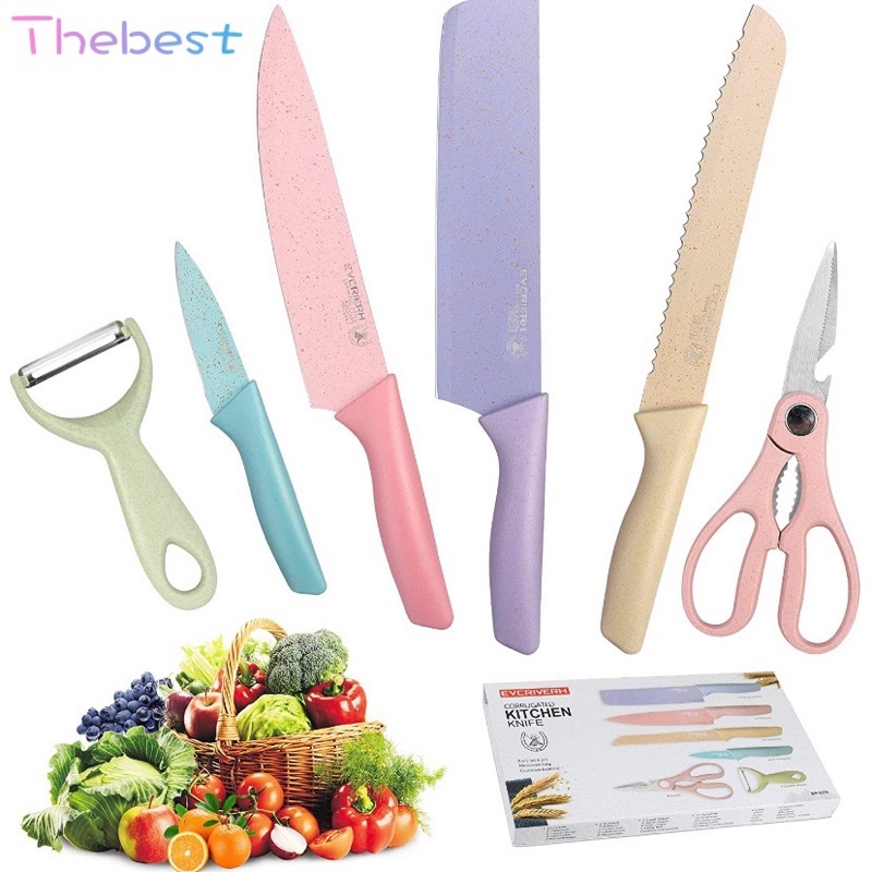 wella Kitchen Knife Set 6 PCS Pastel Colors Stainless Steel Chef Knife ...