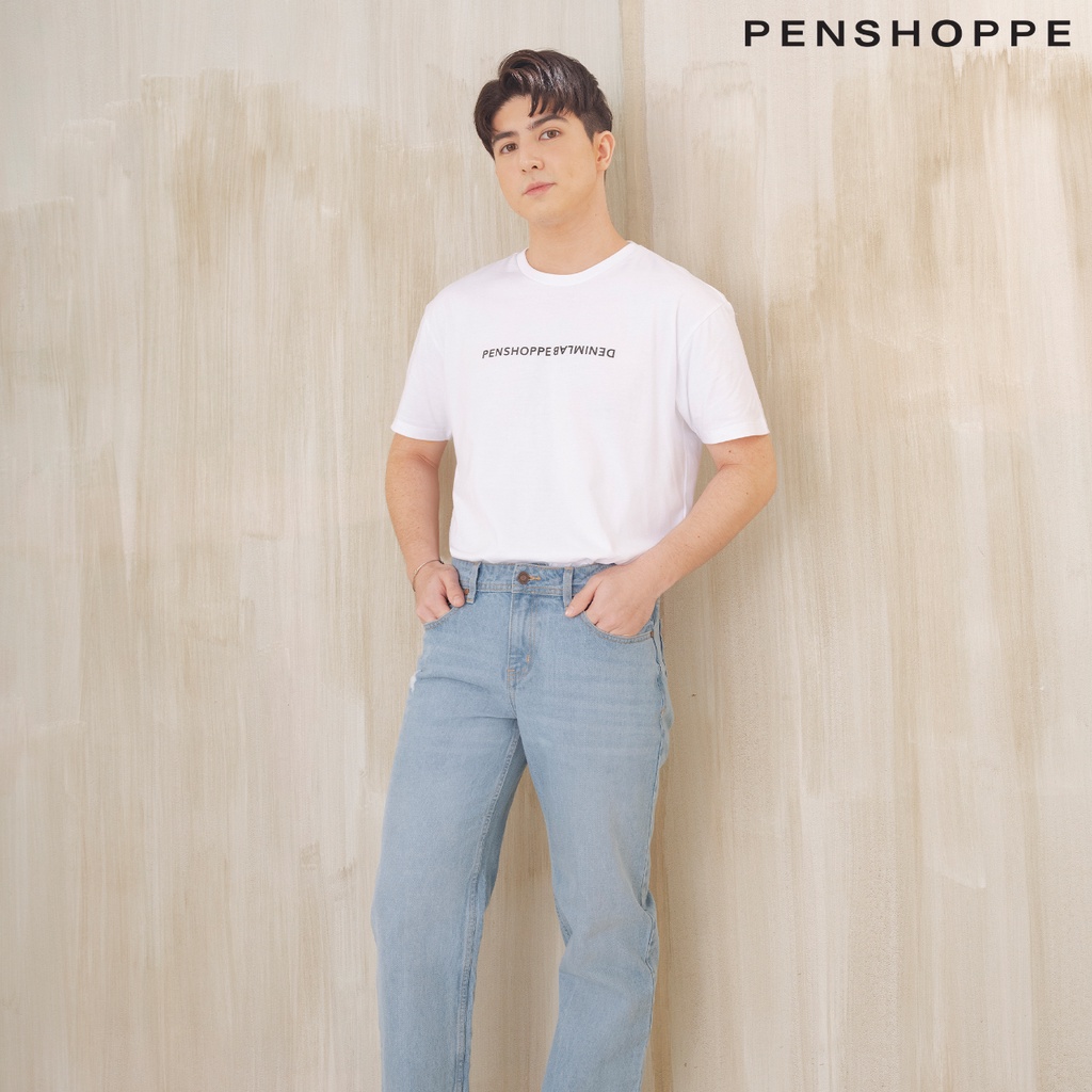 Penshoppe Straight Fit Ripped Jeans Men (Light Blue) Shopee Philippines