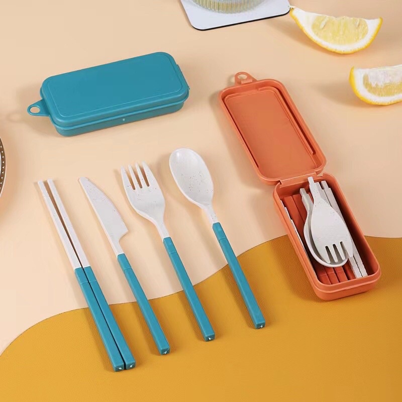 4IN1 Wheat Straw Removable Cutlery Set Chopsticks Spoon Fork Knife