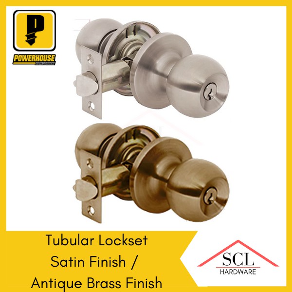 Powerhouse Tubular Lockset (Satin Finish/ Antique Brass Finish