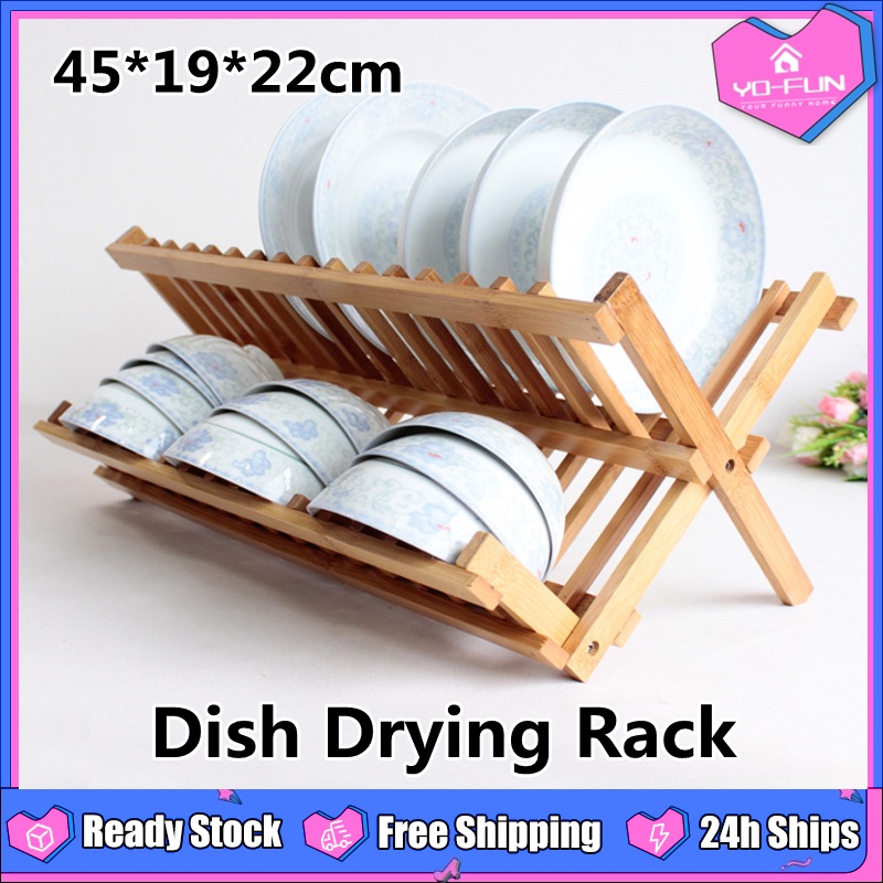 Folding Dish Drying Rack organizer Bamboo Kitchen Outdoor
