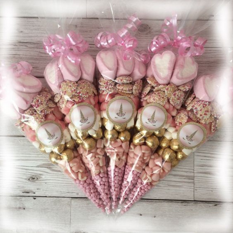 50pcs Plastic Gift Cookie Bag Unicorn Party Paper Popcorn Box Candy Bags Gift Box Rainbow Cake Toppe