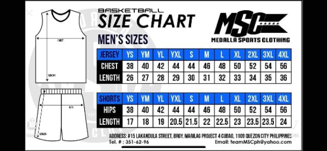 men's basketball jersey size chart