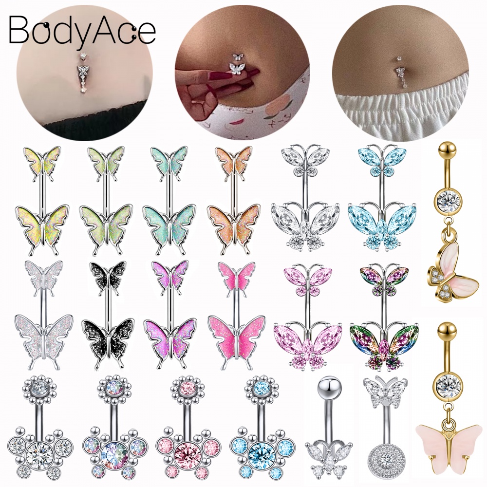 Bodyace Butterfly Navel Rings Silver Belly Button Rings Stainless Steel Navel Rings Crystal
