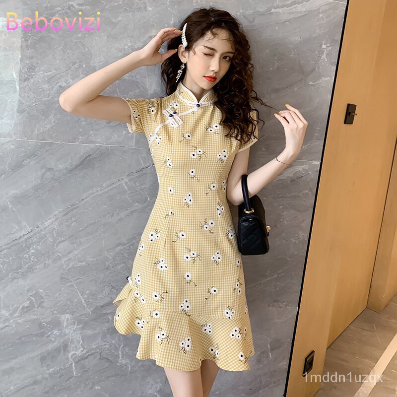 Green Yellow Slim Sexy Party Casual Qipao Traditional Chinese Clothes  Modern Cheongsam Fishtail Mini | Shopee Philippines