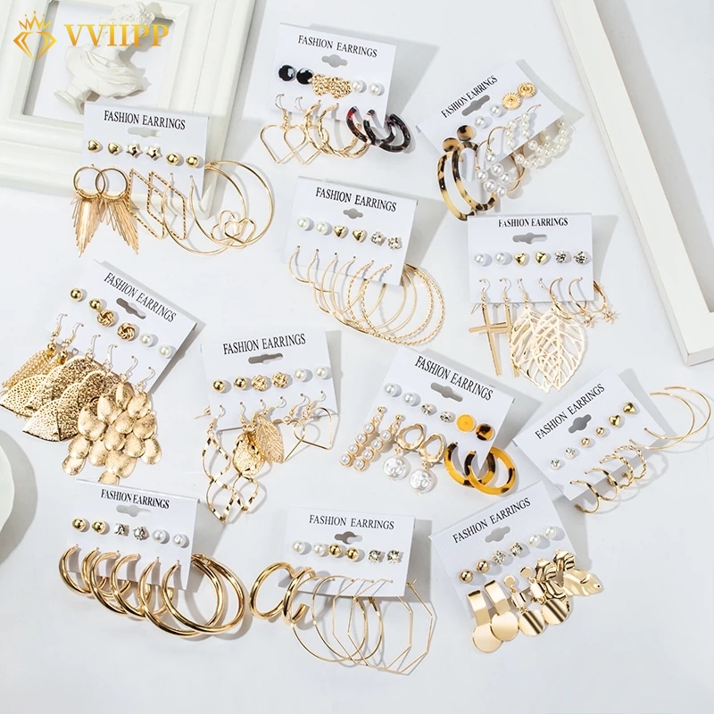 Korean Fashion Pearl Geometric Tassel Earring Set Simple Retro Leaf ...