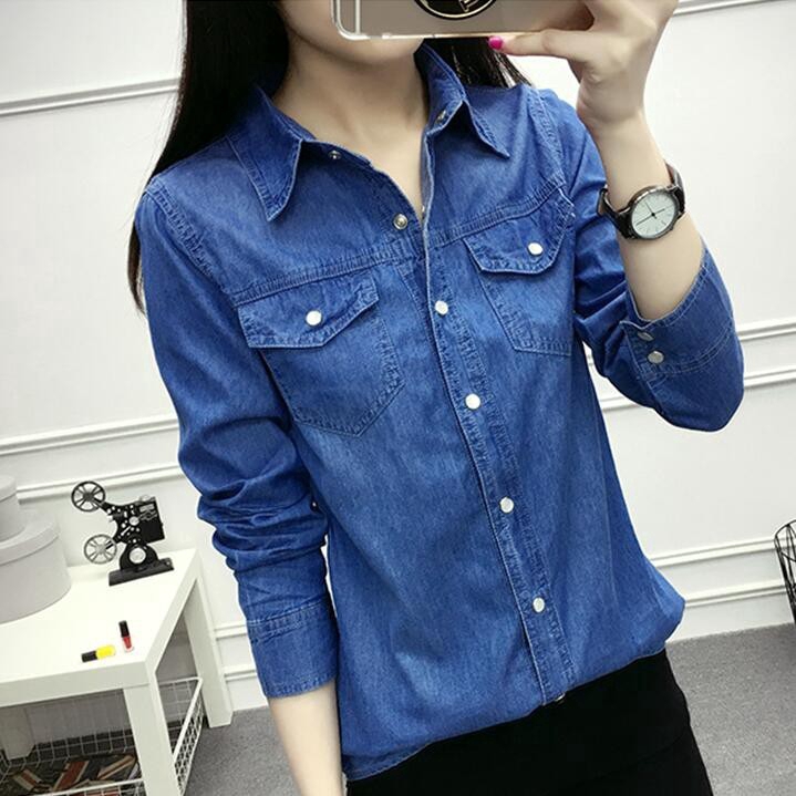 Womens Cotton Casual blouse office Denim Shirt Turn-down Collar Jeans  Blusas | Shopee Philippines