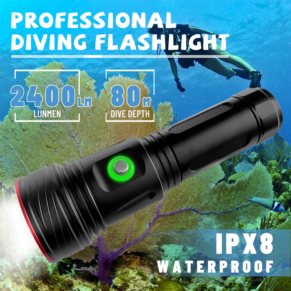 Asafee AF07D P70 LED 2400LM Diving Flashlight Torch 80M Underwater  Waterproof Scuba Lante Diving light Shopee Philippines