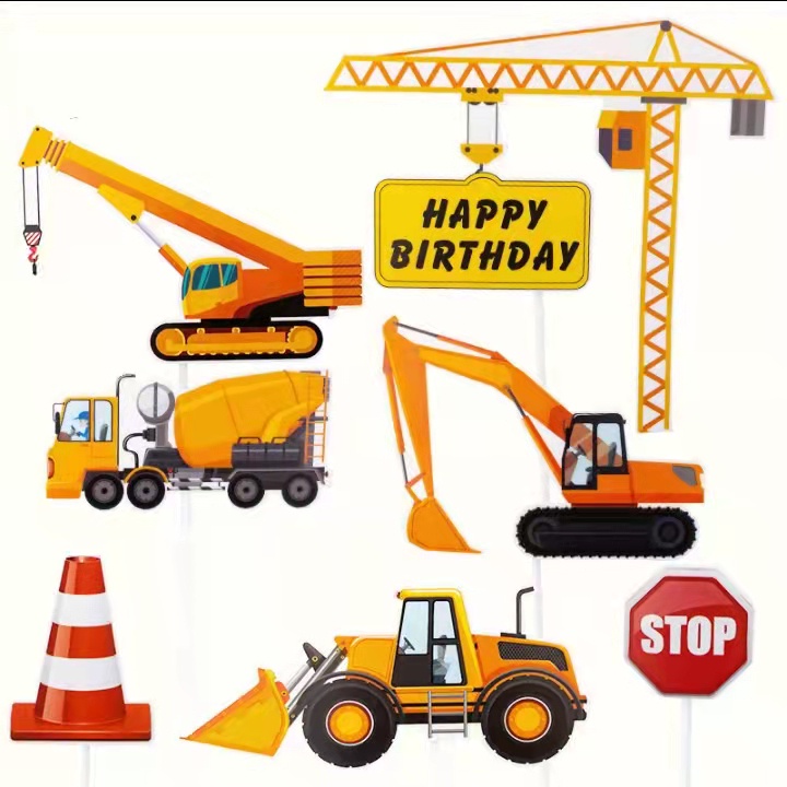 INS Excavator Bulldozer Truck theme paper card cake topper baking props ...