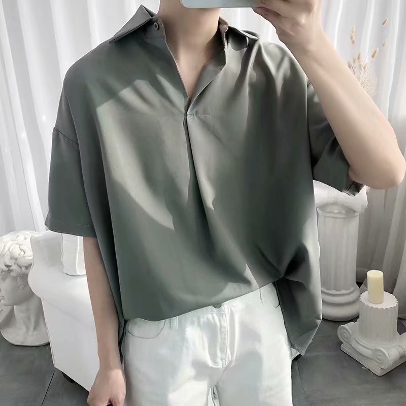 【M-2XL】Plain short-sleeved shirt five-point sleeve Korean men's drop ...