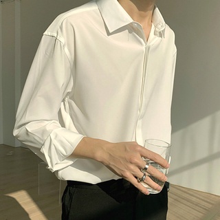 Men's Solid Color Long Sleeve Shirt Vintage Draped White Shirt Business Top #7