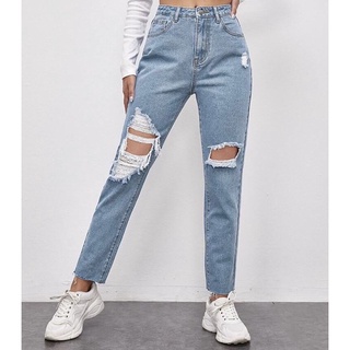 Trendy Tattered Denim Jeans Knee Cut Highwaist Pants for Women ASSORTED