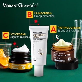 VIBRANT GLAMOUR FDA Anti-aging Sunblock Set Retinol Anti Wrinkle Face Cream Whitening Sunscreen Cream Vitamin C Fading Dark Spots Reduce Freckles Acne Scar Treatment Skin Care 3pcs