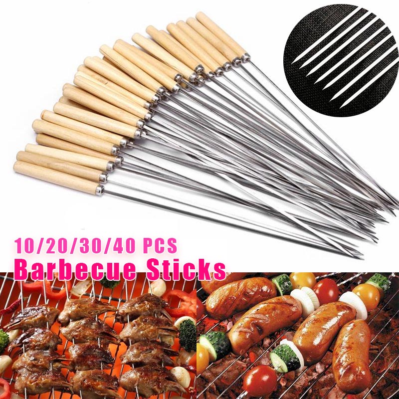 Round Kebab BBQ skewers Needle Barbecue Kabob With Wooden Handle Packs of 10