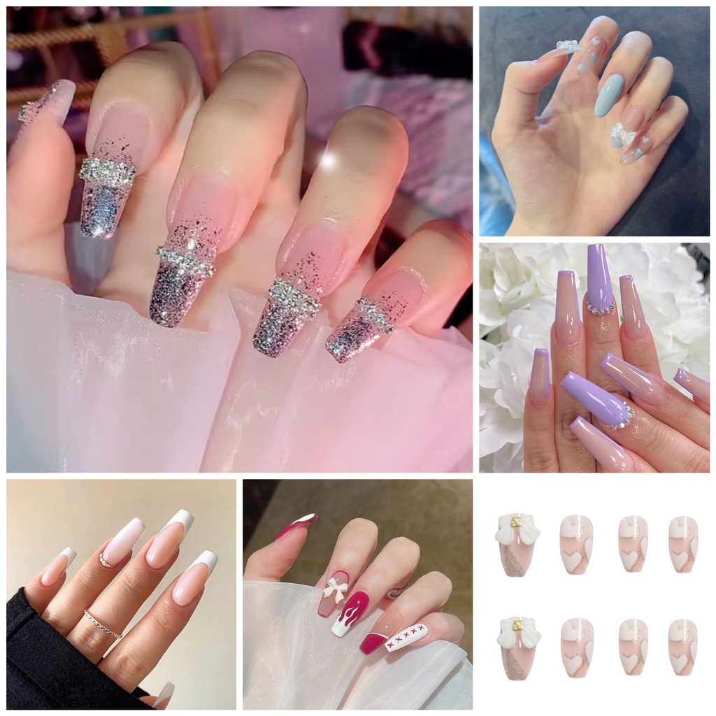 With Glue 24pcs Hot Glitter Fake Nails Diamond Acrylic Nails Full Cover Rhinestone Nail Art Design French Fake Nails With Glue Butterfly Design Shopee Philippines