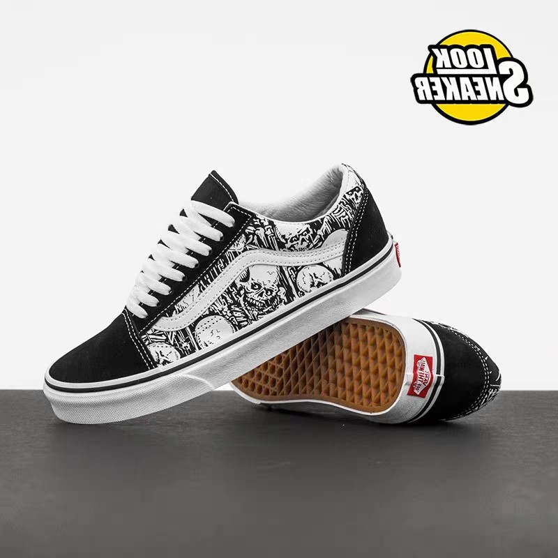 vans old skool skulls black & white skate shoes