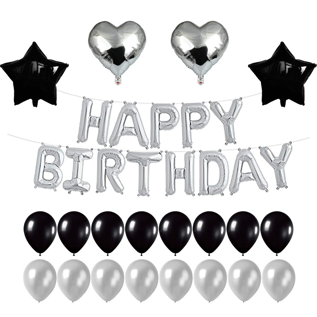 Black Silver Happy Birthday Mylar Foil Balloon W Heart Star
