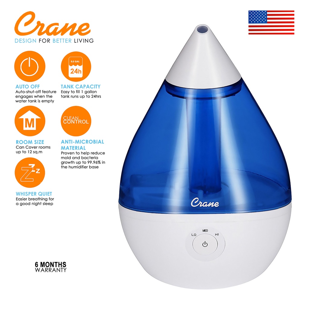 Crane Droplet Cool Mist Humidifier Blue/White for Cough,Colds,Allergies,Asthma,Sinus,SoreThroat