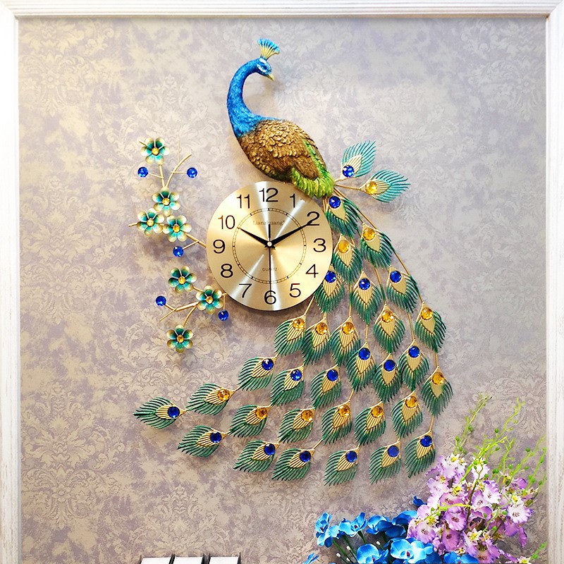 60*60CM DIY Peacock Wall Clock Big Living Room 3D Metal Art Wall Clock