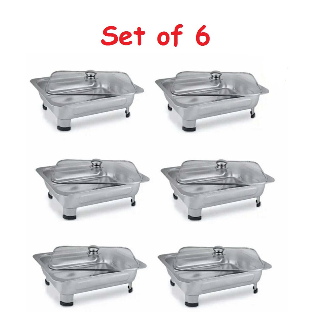 Set of 6 Food Warmer Square Tray Stainless Steel Catering Warmer