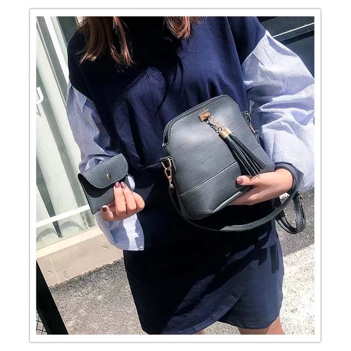 TT BAGS #092 SMALL PU LEATHER  KOREAN FASHION 2IN1 SHOULDER BAG WITH TASSEL FOR WOMEN - Image 3