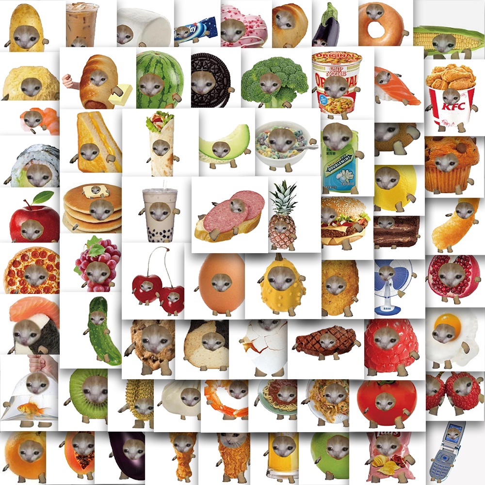 10/69PCS Food Cat Cat Head Print Sticker Cartoon Paper Vintage Laptop