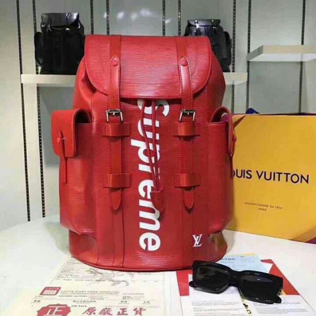 red lv supreme backpack