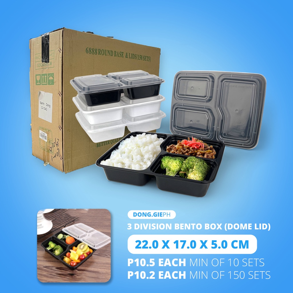 [150 PCS] 3 Division Microwaveable Bento Box (Hard Plastic Lid ...